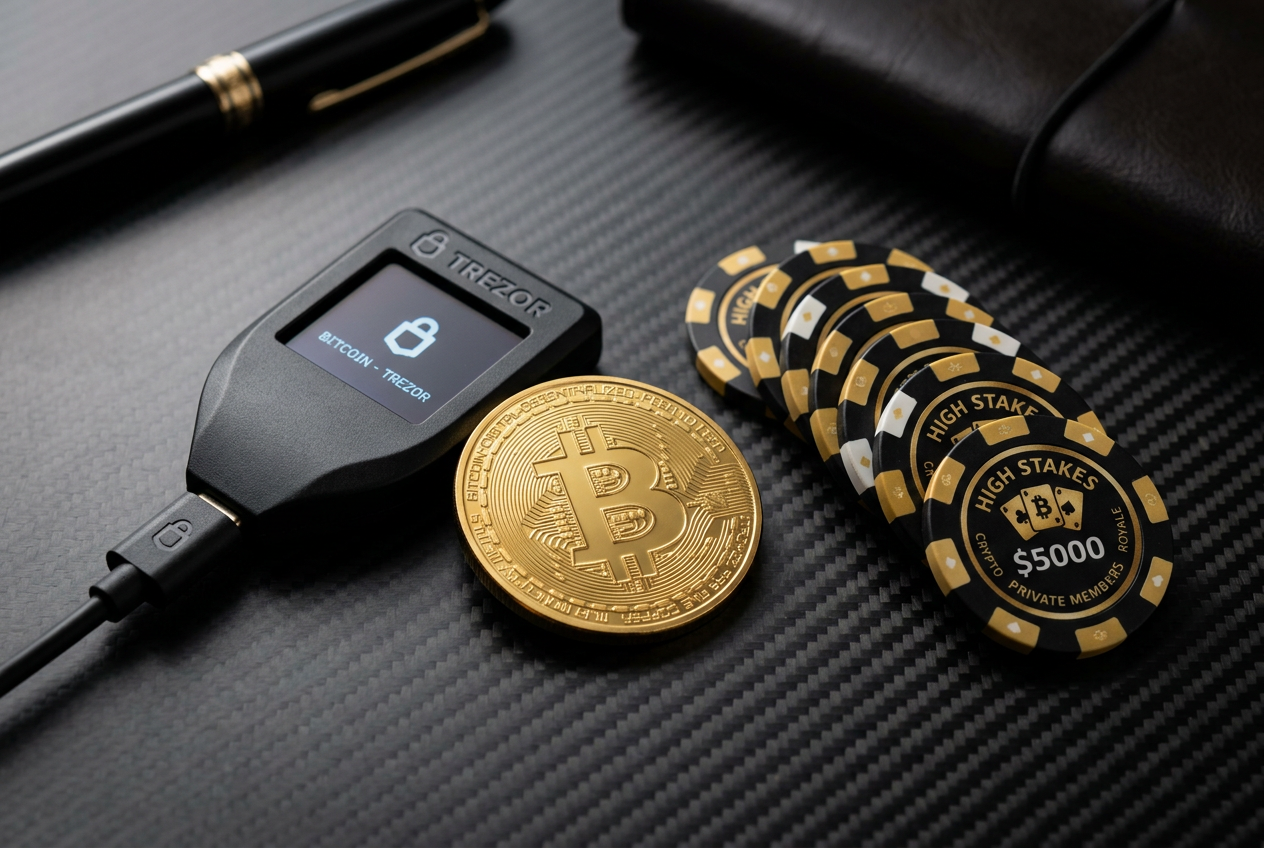 Portfel sprzętowy Ledger i moneta Bitcoin obok żetonów kasynowych.