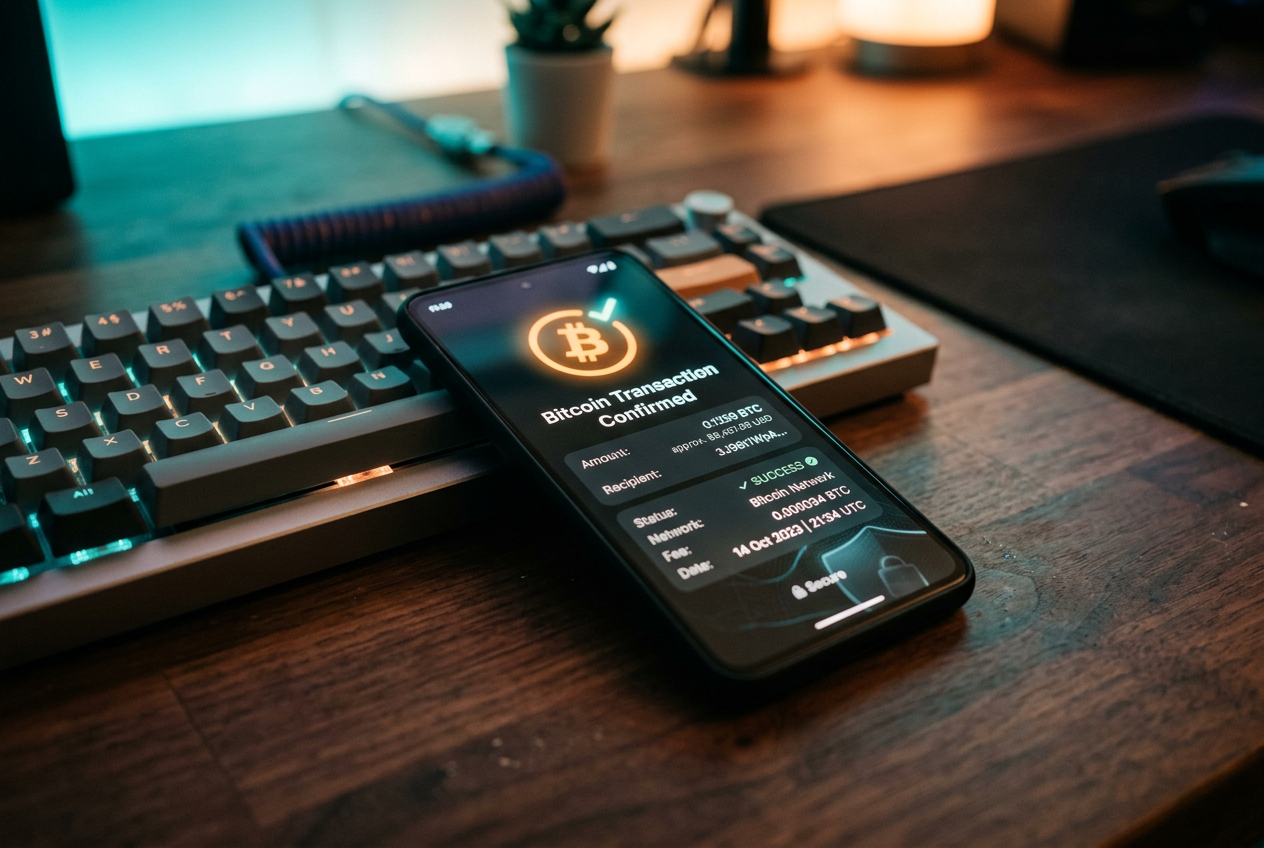 Smartfon wyświetlający potwierdzenie transakcji Bitcoin obok laptopa z interfejsem kasyna.